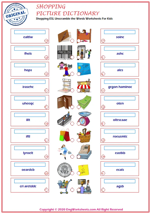 Shopping ESL Unscramble the Words Worksheets For Kids Worksheet Preview