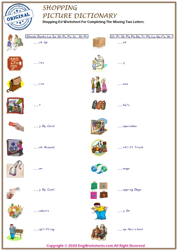 Shopping Esl Worksheet For Completing The Missing Two Letters. Worksheet Preview