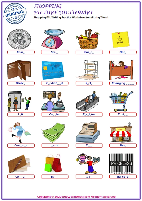 Shopping ESL Writing Practice Worksheet for Missing Words. Worksheet Preview