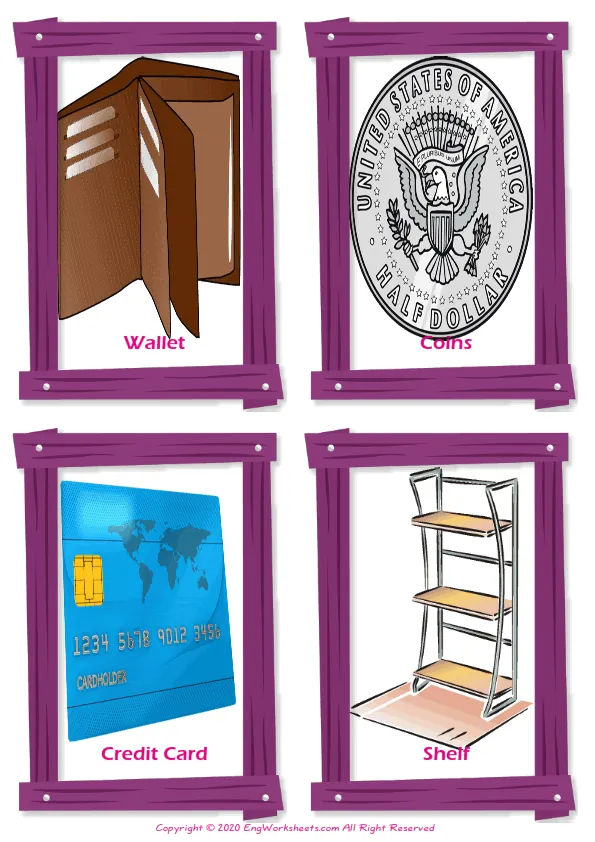 Shopping vocabulary worksheet with words, four images per page Worksheet Preview