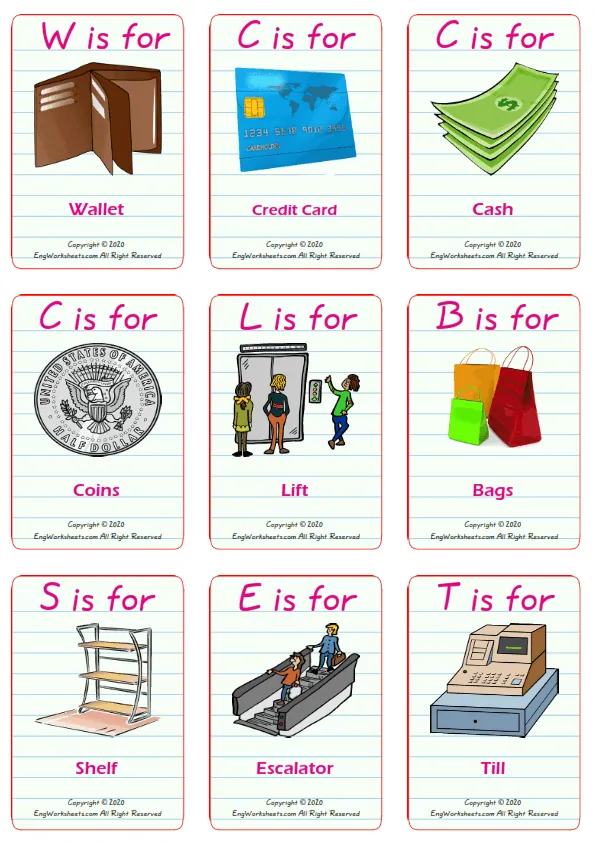 Shopping vocabulary worksheet with words, nine images per page Worksheet Preview