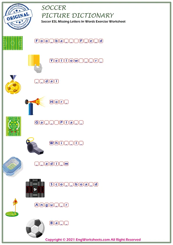 Soccer ESL Printable Picture Dictionary For Kids. Write the Numbers in the Word List Next to the Pictures. Worksheet Preview