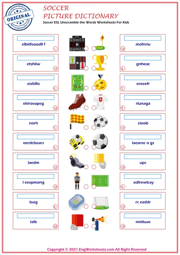 Soccer ESL Printable Unscramble the Words English Worksheet. Worksheet Preview