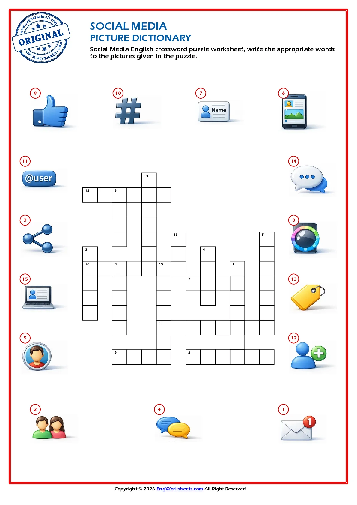 Social Media English crossword puzzle worksheet, write the appropriate words to the pictures given in the puzzle. Worksheet Preview
