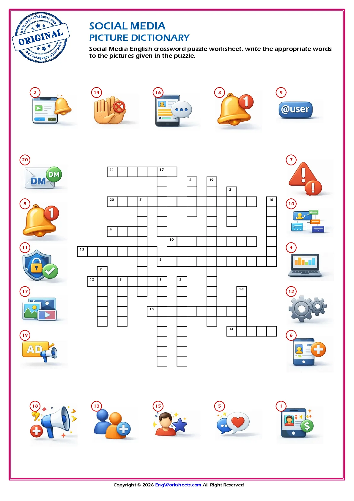 Social Media English crossword puzzle worksheet, write the appropriate words to the pictures given in the puzzle. Worksheet Preview
