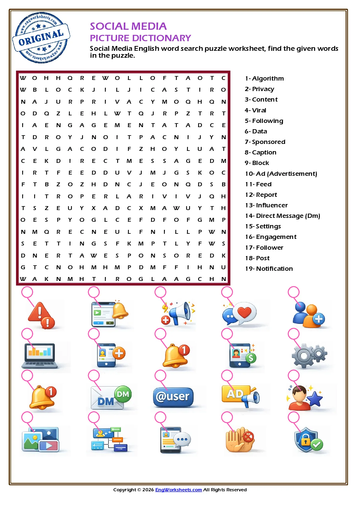 Social Media English word search puzzle worksheet, find the given words in the puzzle. Worksheet Preview