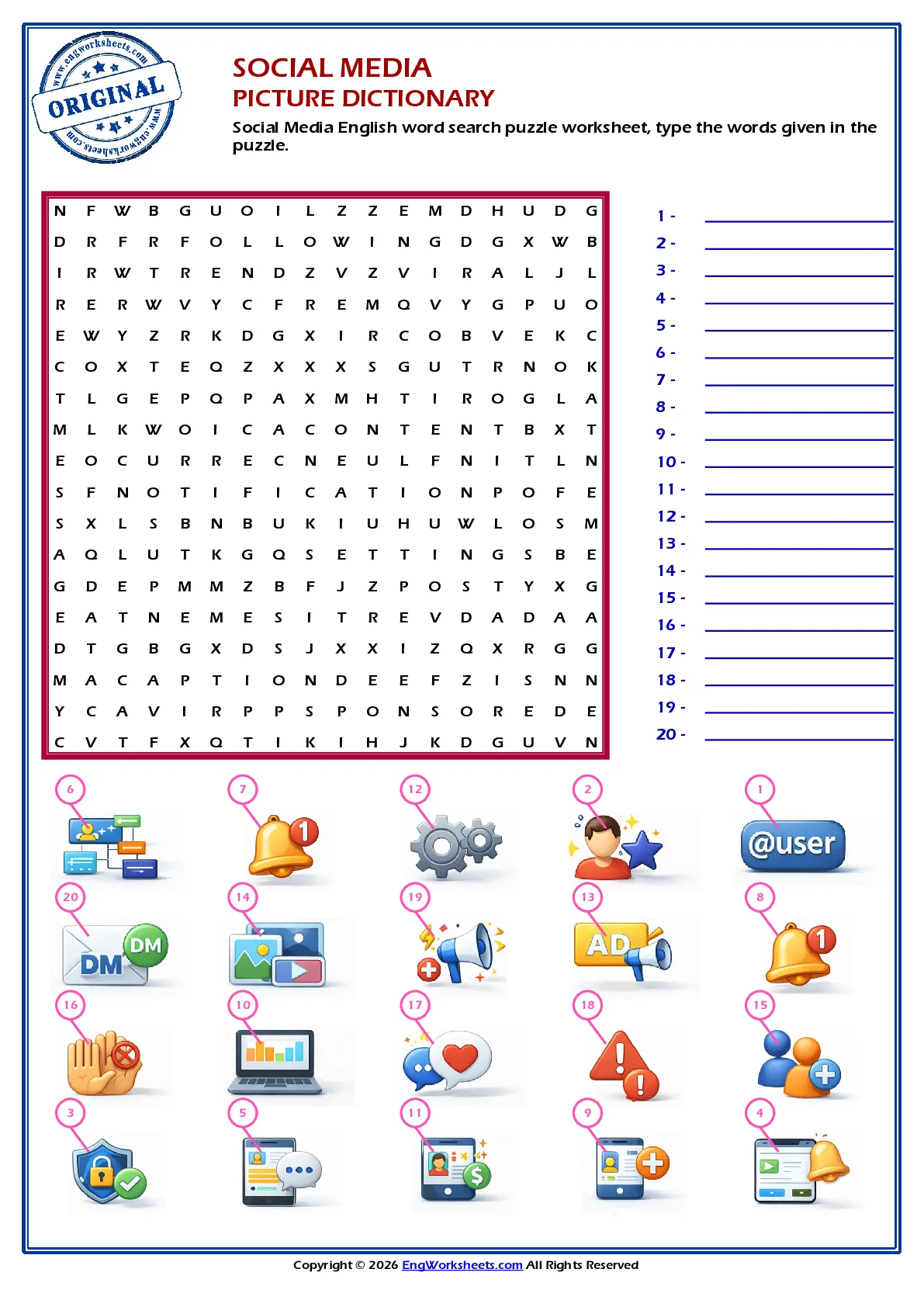 Social Media English word search puzzle worksheet, type the words given in the puzzle. Worksheet Preview