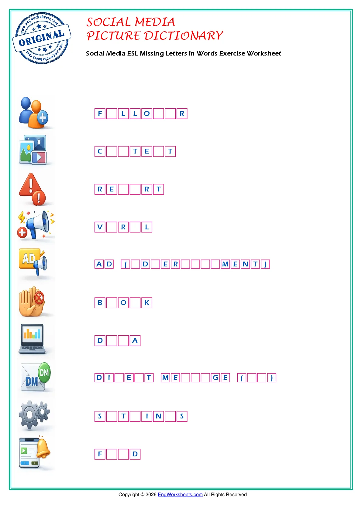 Social Media ESL Missing Letters In Words Exercise Worksheet Worksheet Preview