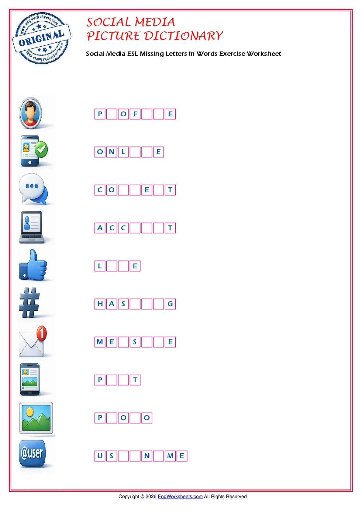 Social Media ESL Missing Letters In Words Exercise Worksheet Worksheet Preview