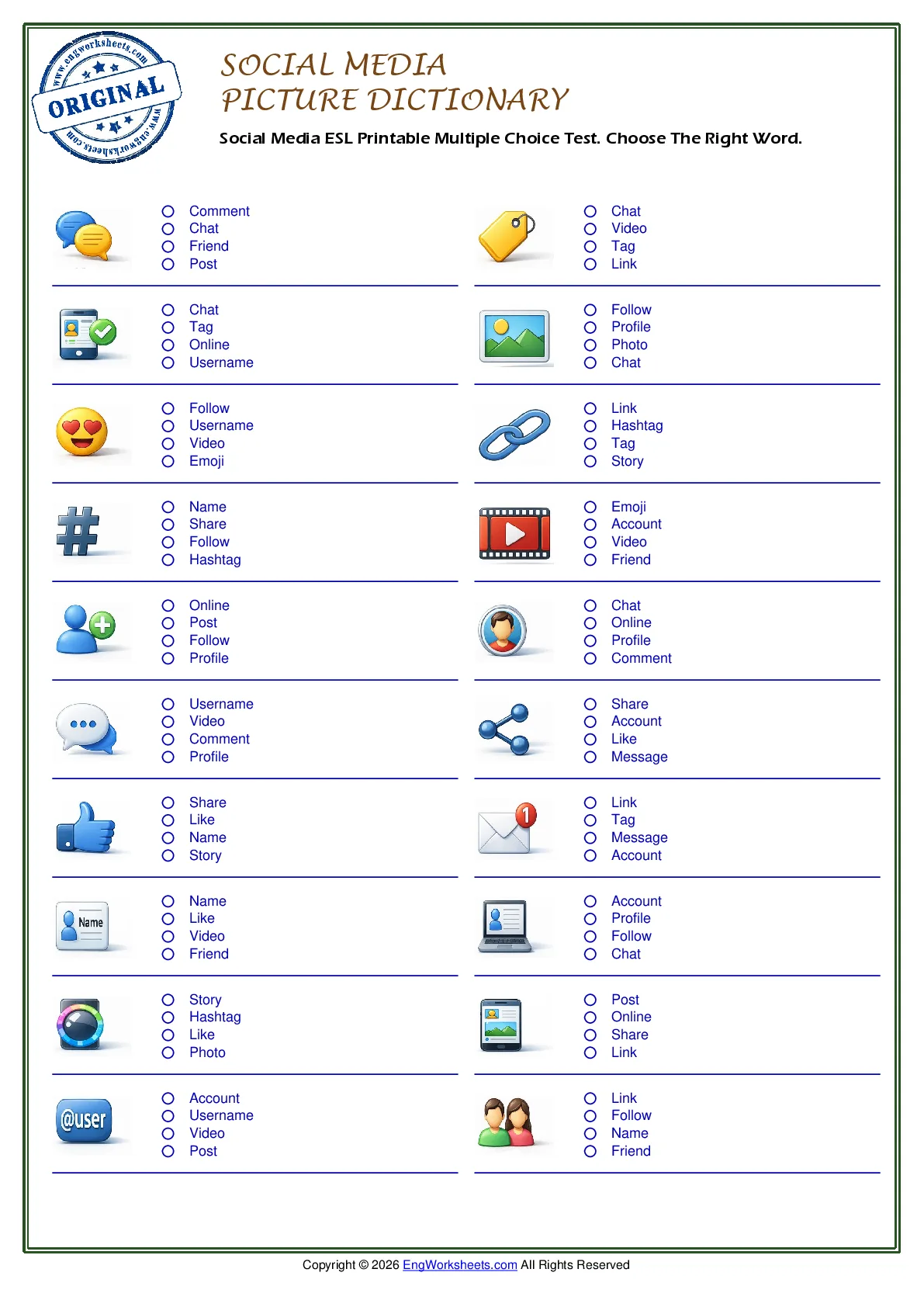 Social Media ESL Printable Multiple Choice Test. Choose The Right Word. Worksheet Preview