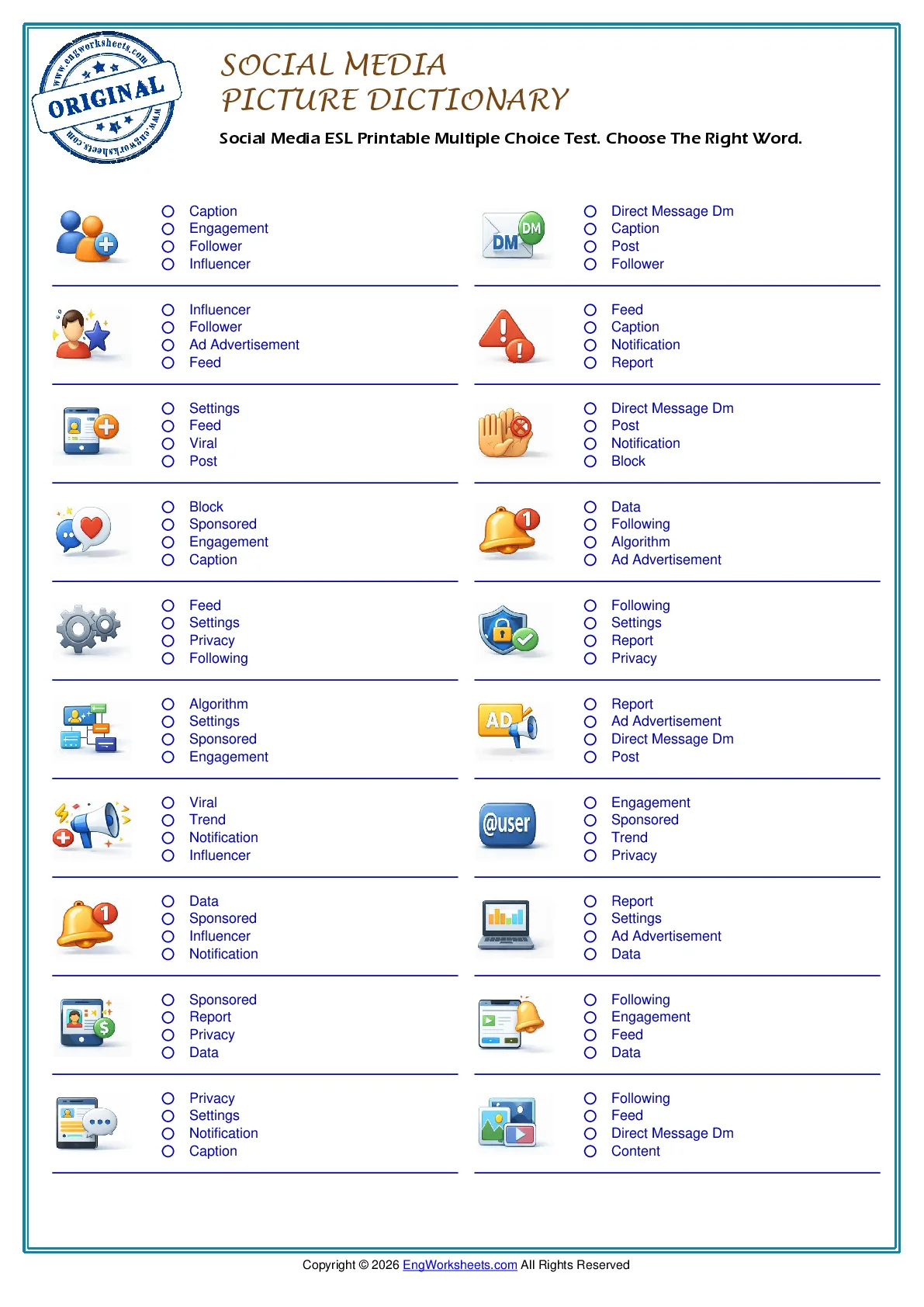 Social Media ESL Printable Multiple Choice Test. Choose The Right Word. Worksheet Preview