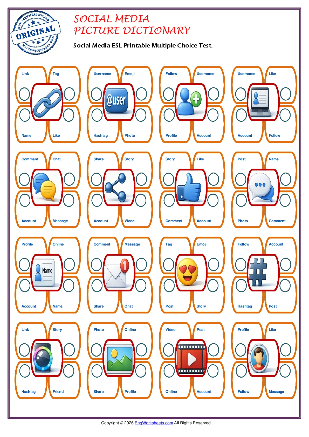 Social Media ESL Printable Multiple Choice Test. Worksheet Preview