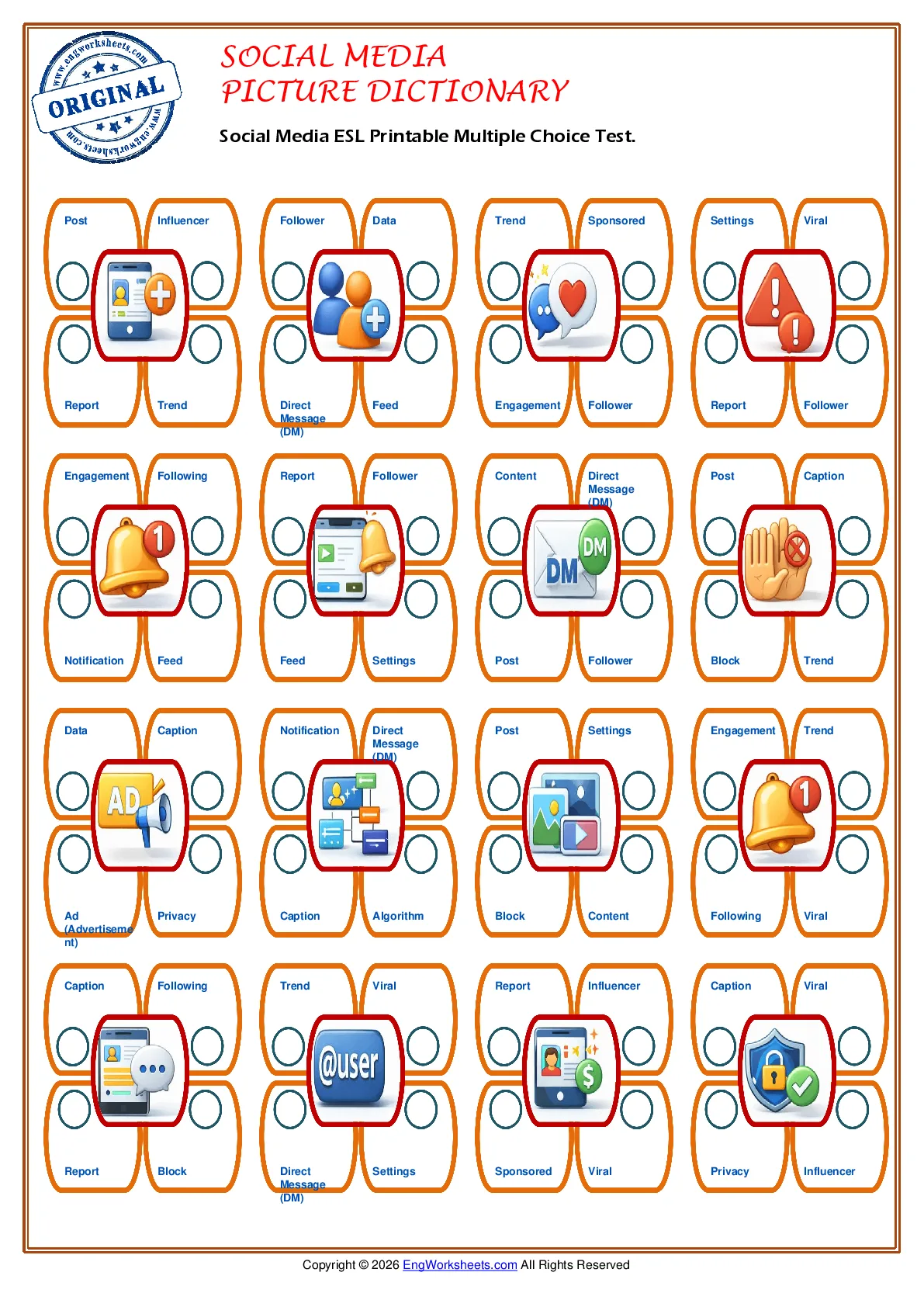 Social Media ESL Printable Multiple Choice Test. Worksheet Preview