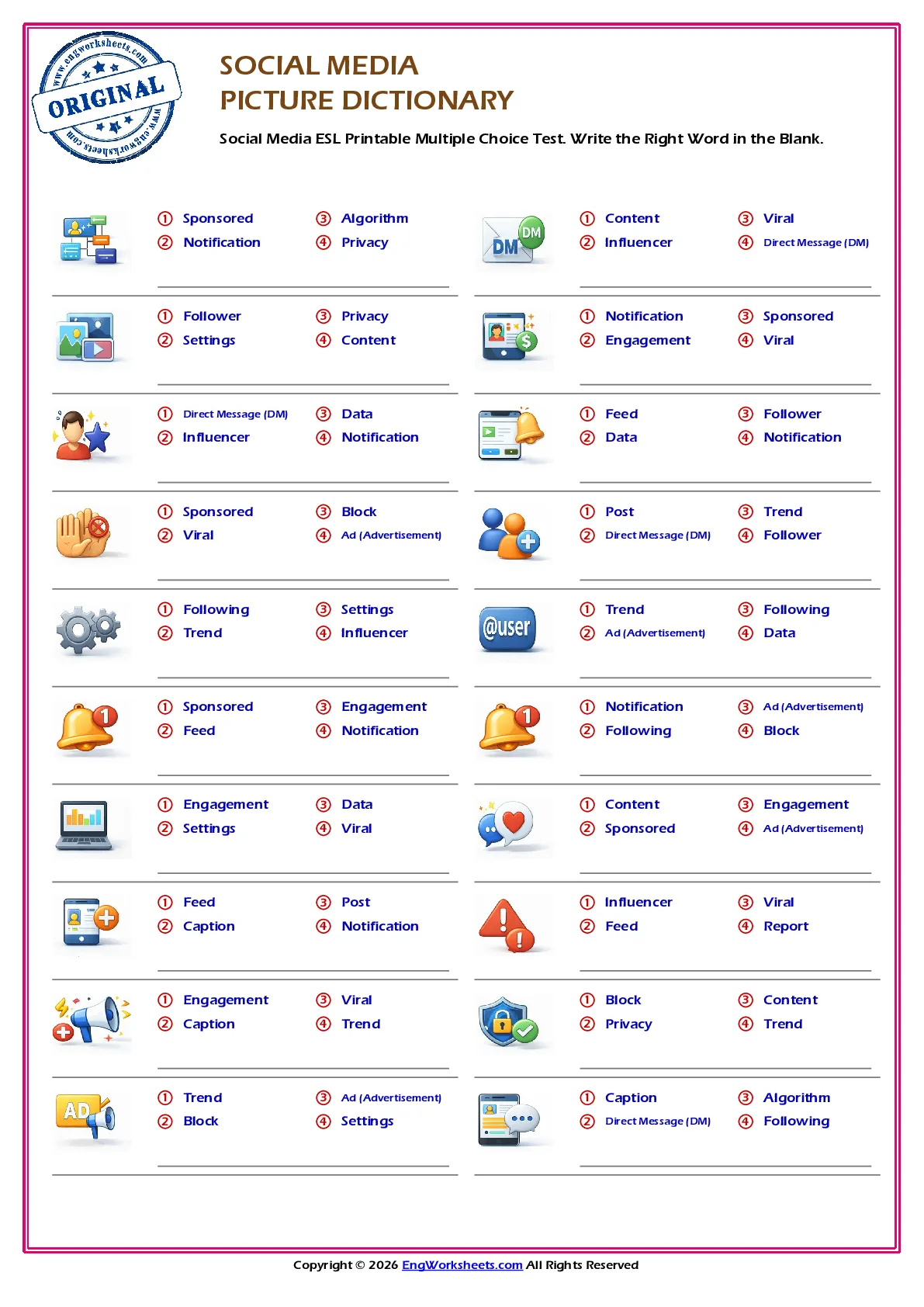 Social Media ESL Printable Multiple Choice Test. Write the Right Word in the Blank. Worksheet Preview