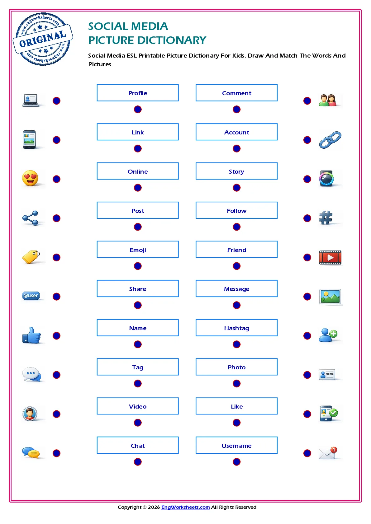 Social Media ESL Printable Picture Dictionary For Kids. Draw And Match The Words And Pictures. Worksheet Preview