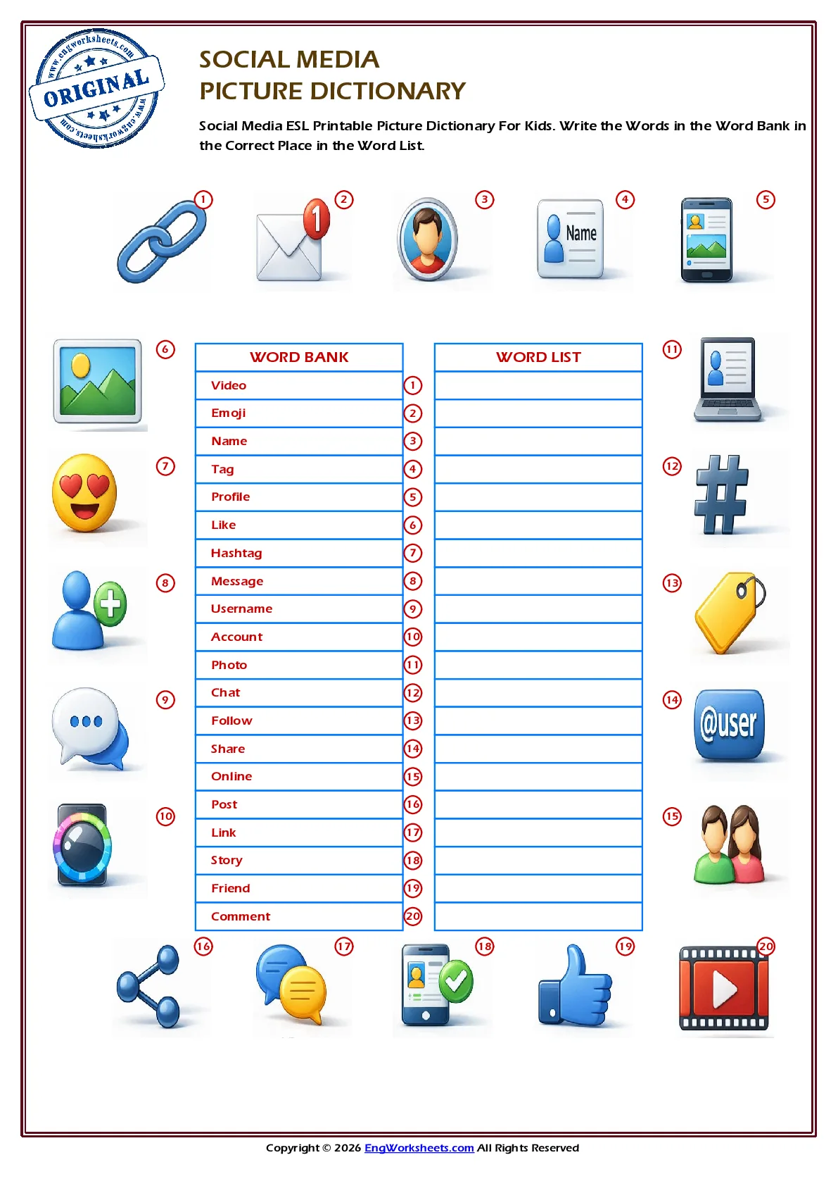 Social Media ESL Printable Picture Dictionary For Kids. Write the Words in the Word Bank in the Correct Place in the Word List. Worksheet Preview