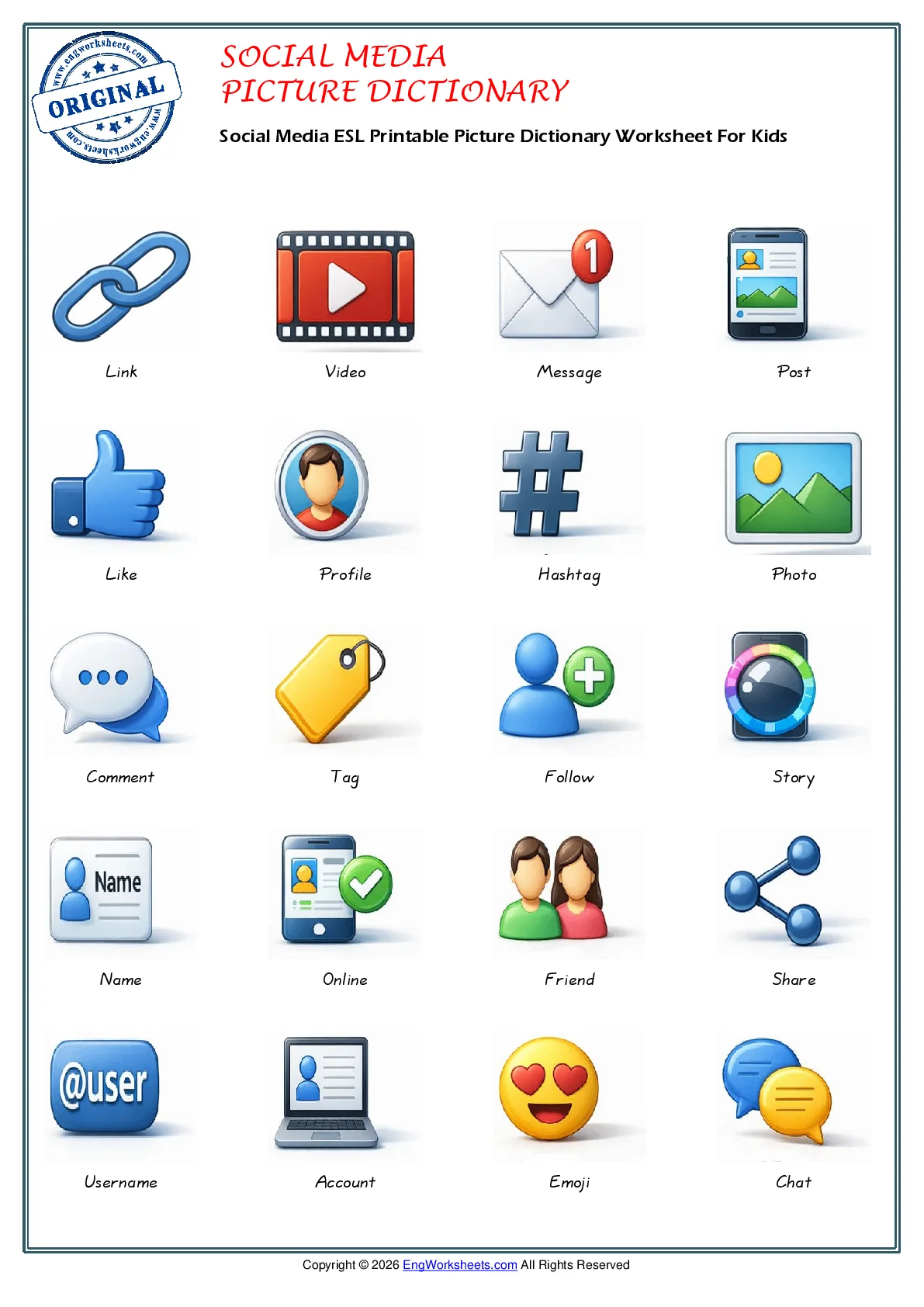 Social Media ESL Printable Picture Dictionary Worksheet For Kids Worksheet Preview