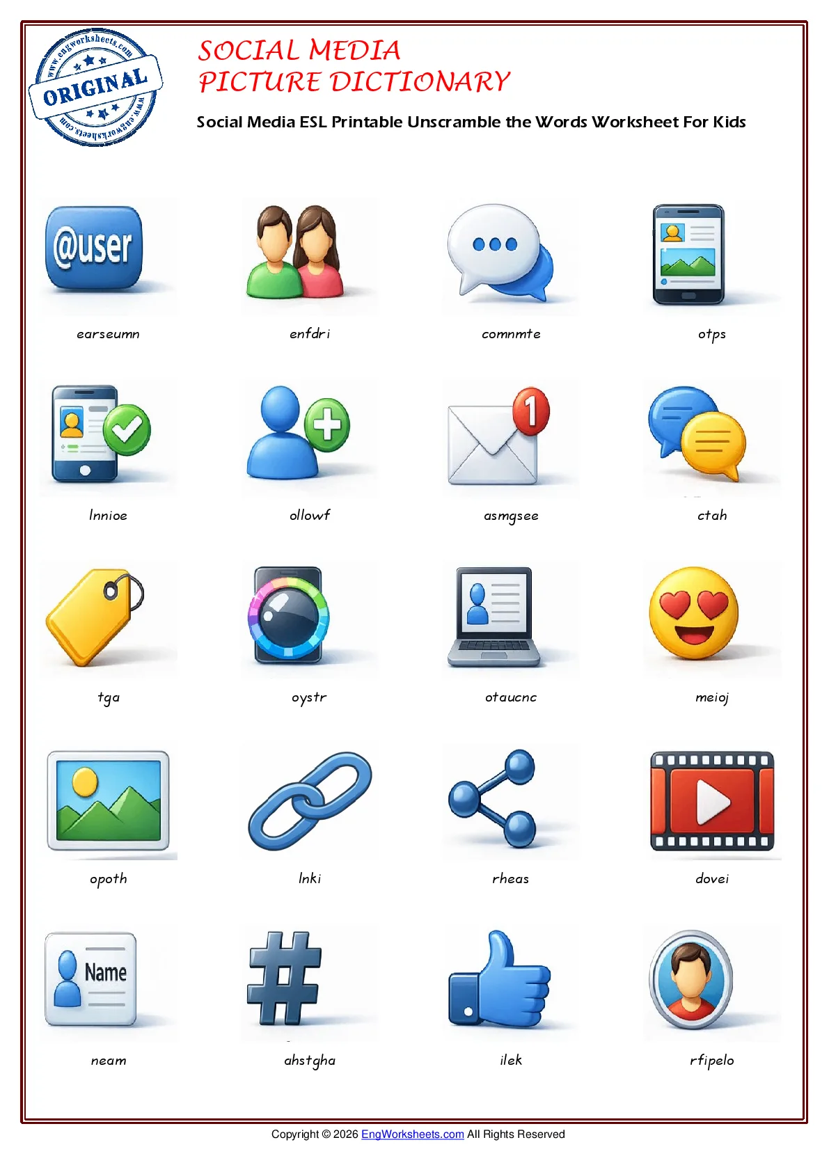 Social Media ESL Printable Unscramble the Words Worksheet For Kids Worksheet Preview