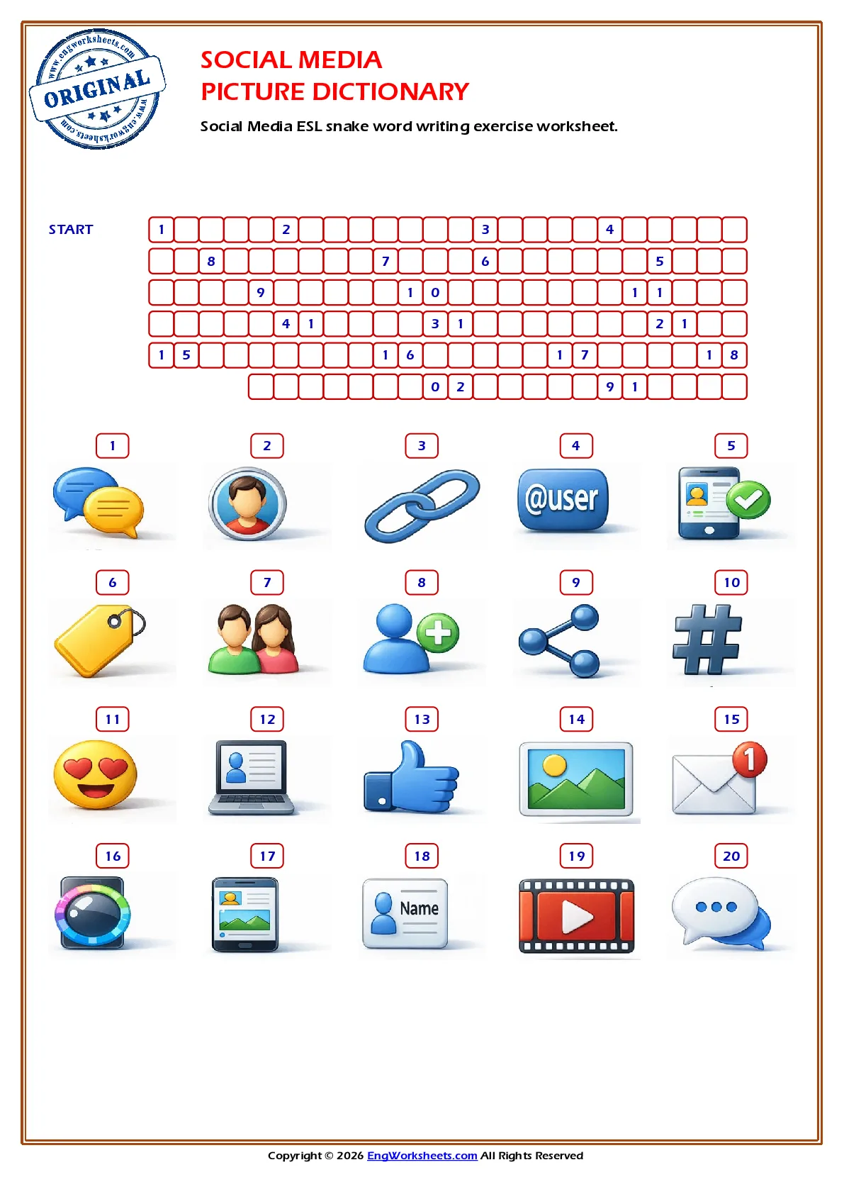 Social Media ESL snake word writing exercise worksheet. Worksheet Preview