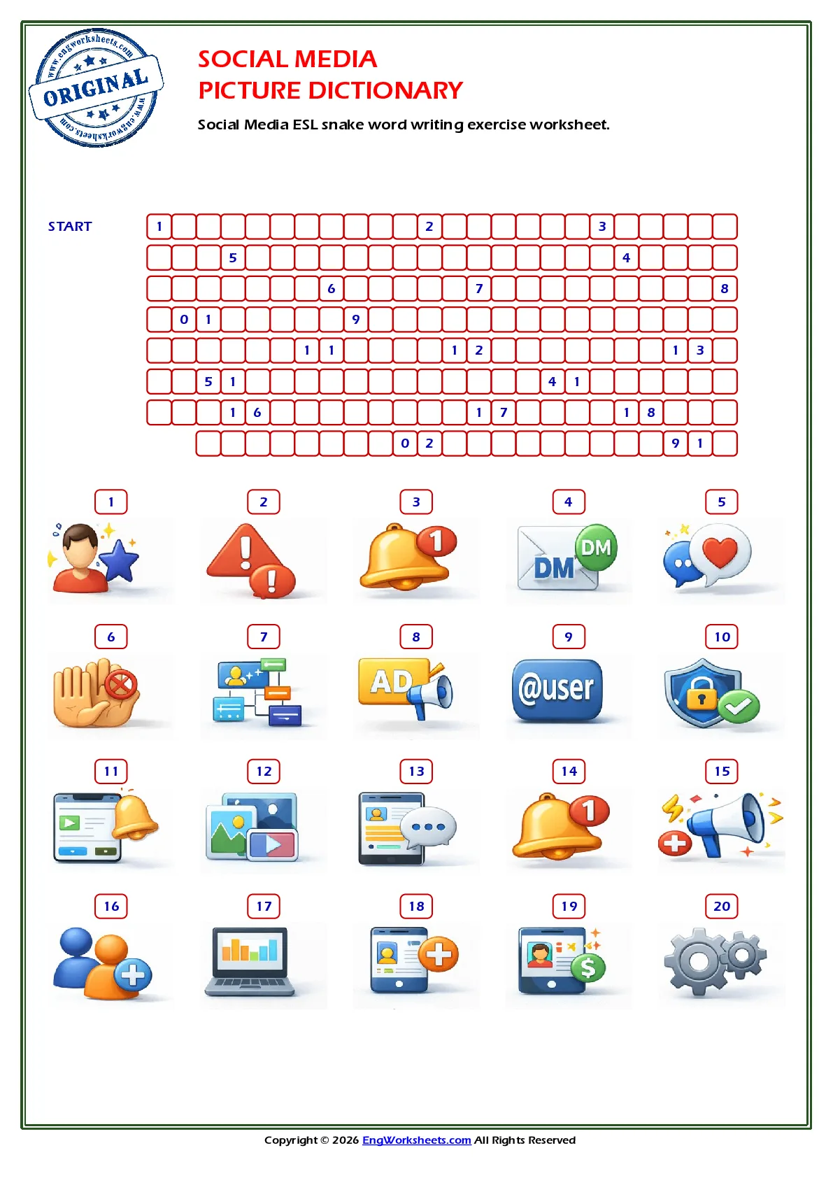 Social Media ESL snake word writing exercise worksheet. Worksheet Preview
