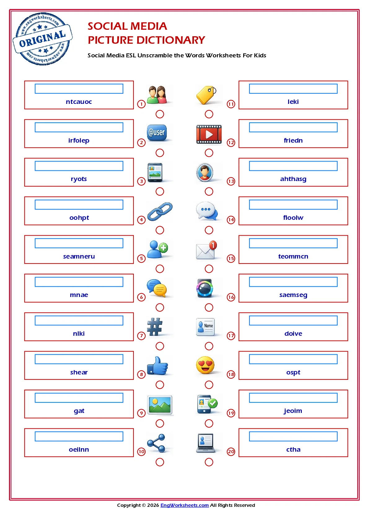 Social Media ESL Unscramble the Words Worksheets For Kids Worksheet Preview