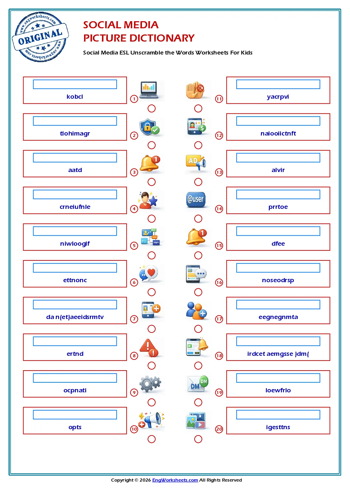 Social Media ESL Unscramble the Words Worksheets For Kids Worksheet Preview