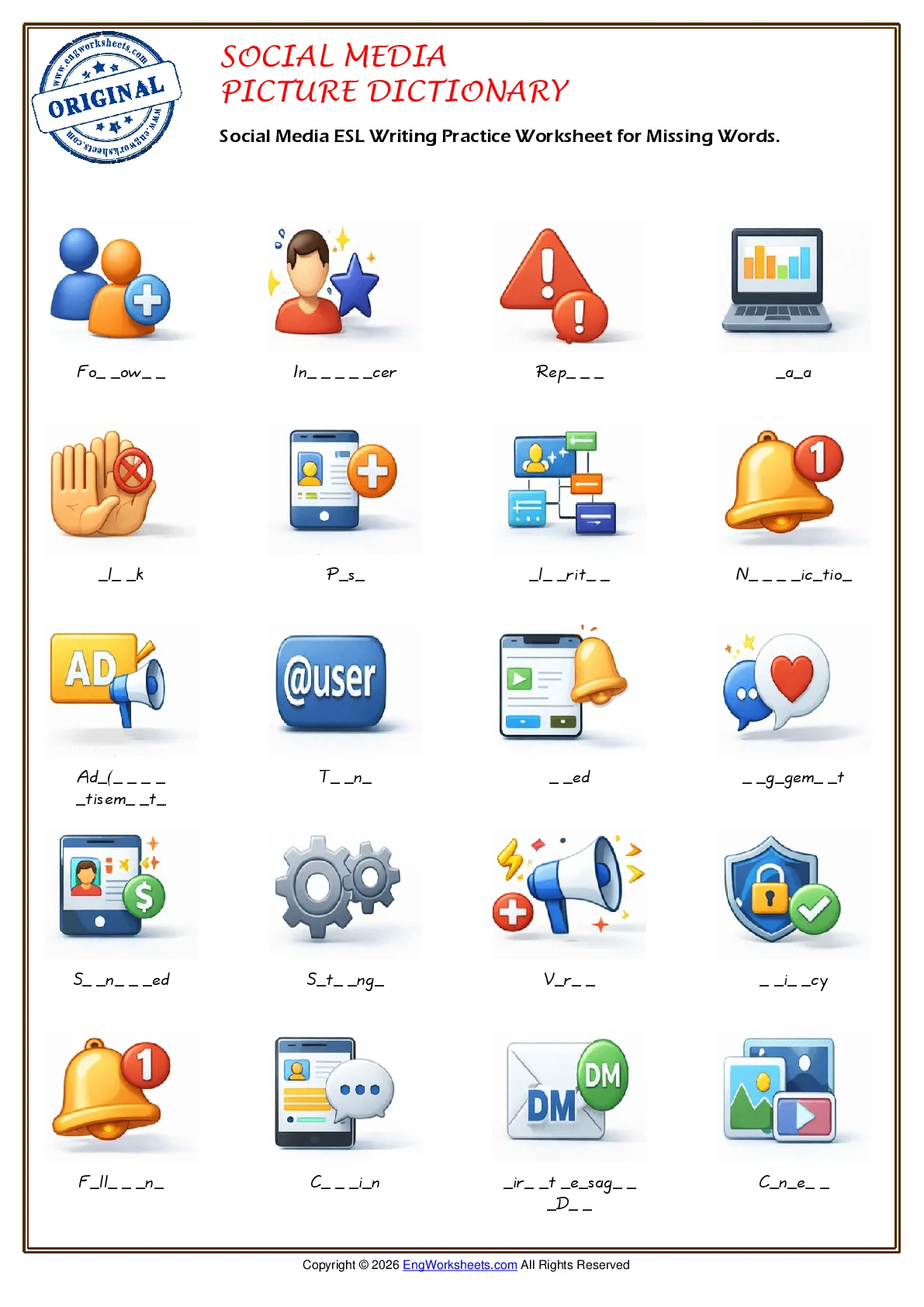 Social Media ESL Writing Practice Worksheet for Missing Words. Worksheet Preview