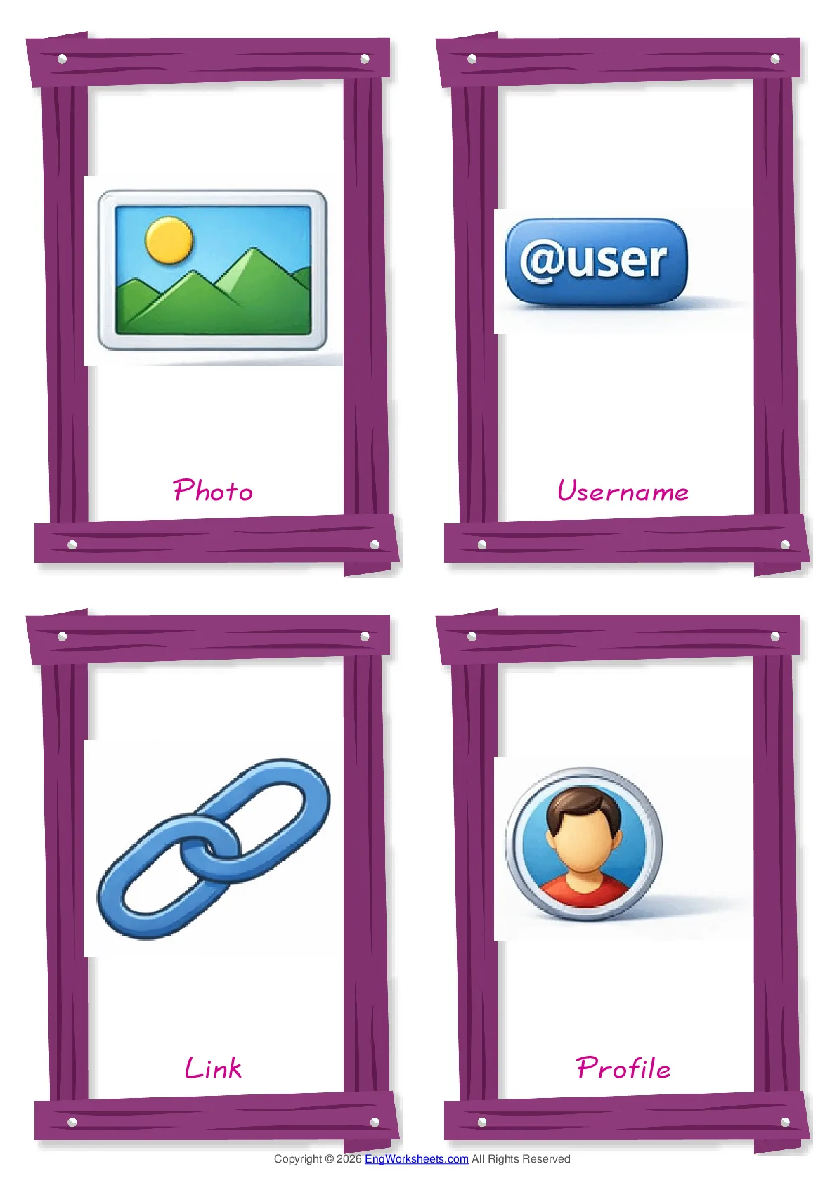 Social Media vocabulary worksheet with words, four images per page Worksheet Preview