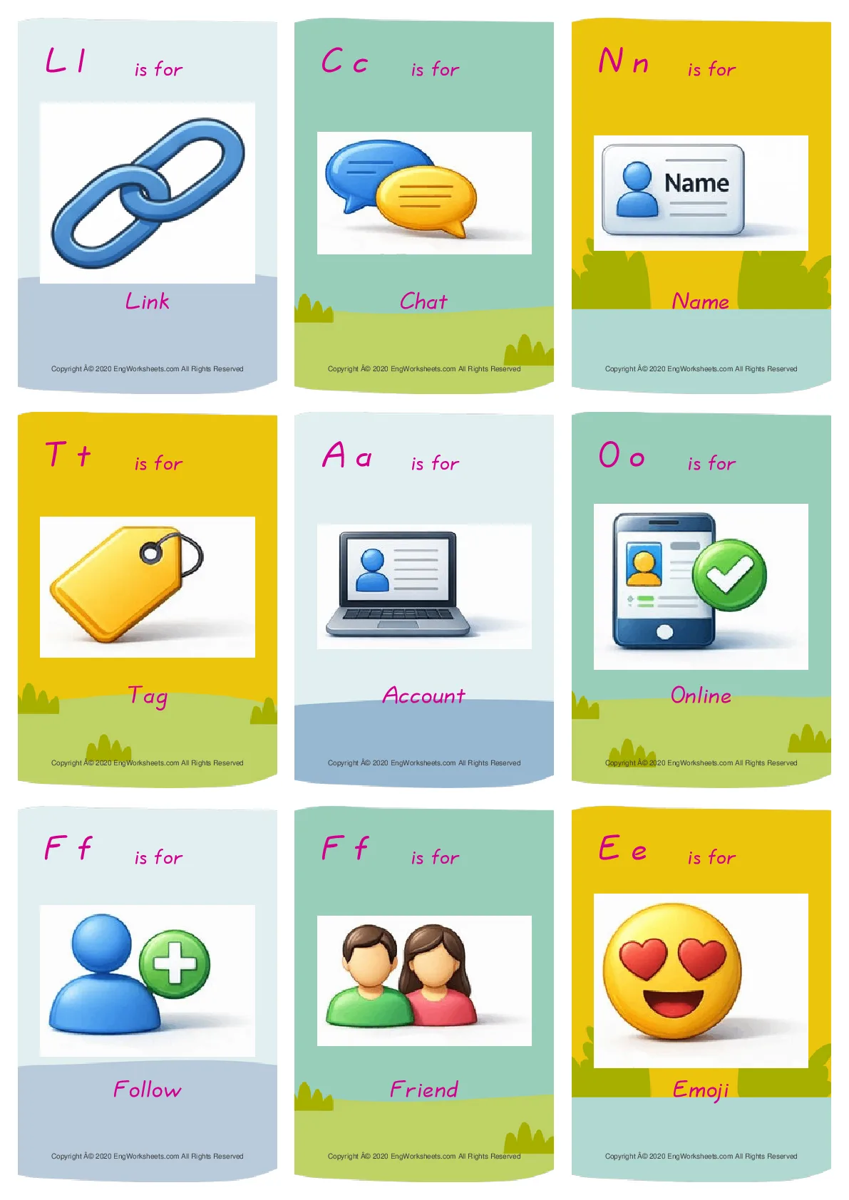 Social Media vocabulary worksheet with words, nine images per page Worksheet Preview