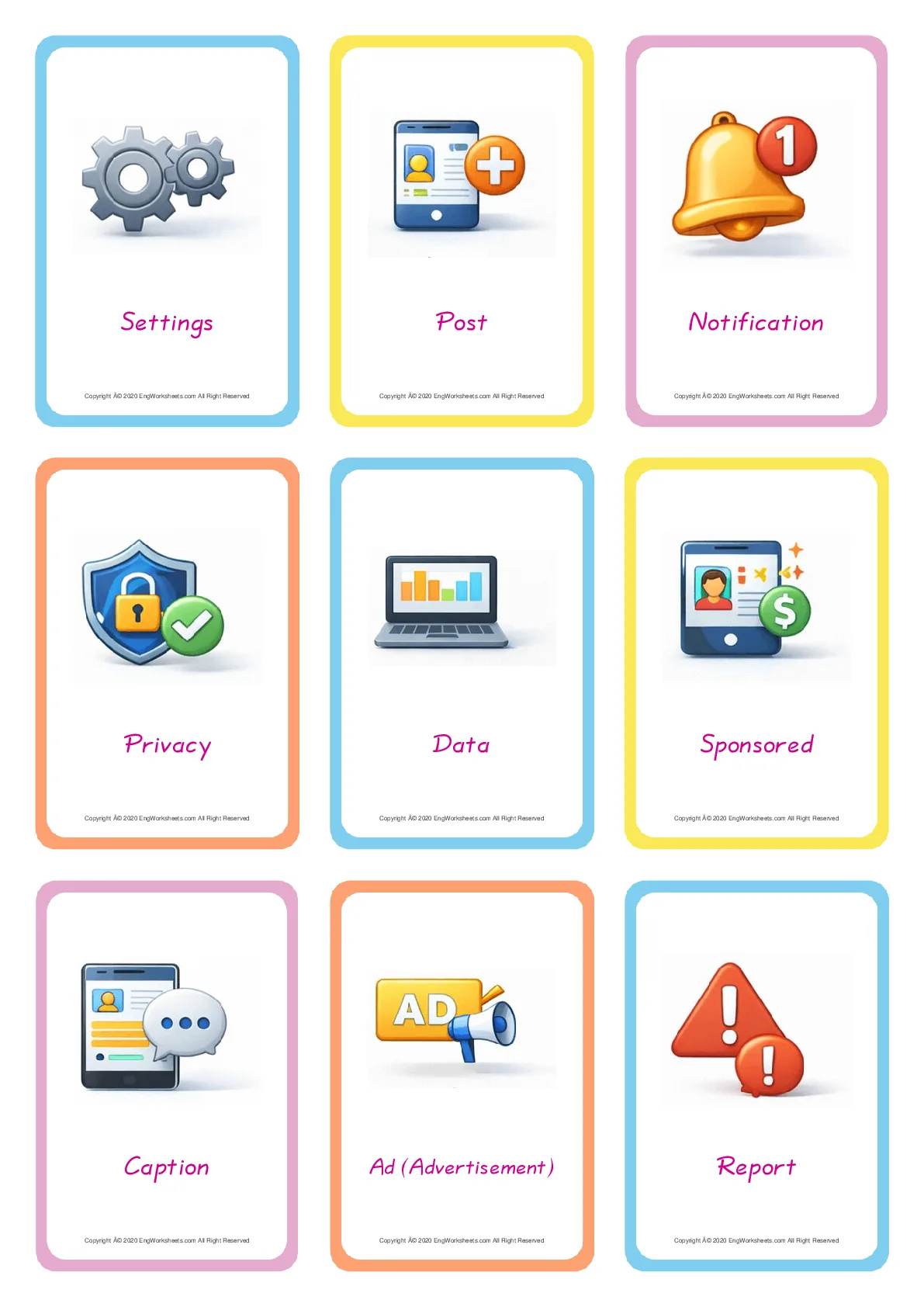 Social Media vocabulary worksheet with words, nine images per page Worksheet Preview