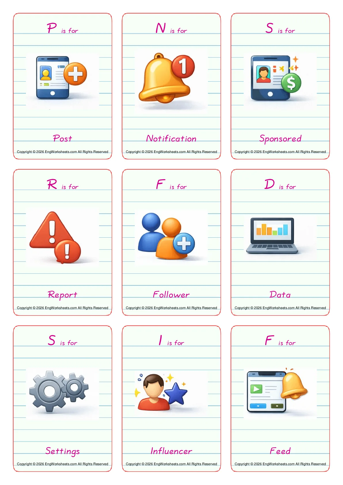 Social Media vocabulary worksheet with words, nine images per page Worksheet Preview