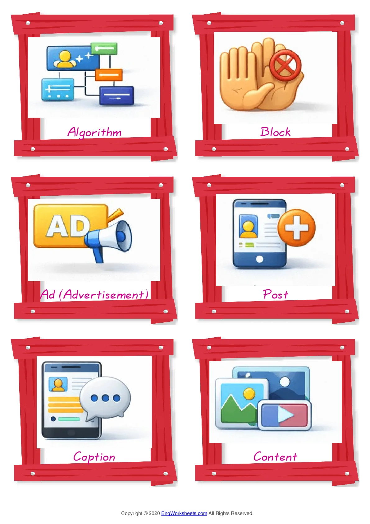 Social Media vocabulary worksheet with words, six images per page Worksheet Preview