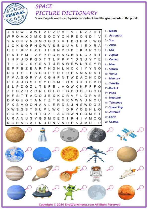 Space English word search puzzle worksheet, find the given words in the puzzle. Worksheet Preview