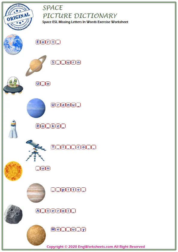 Space ESL Missing Letters In Words Exercise Worksheet Worksheet Preview
