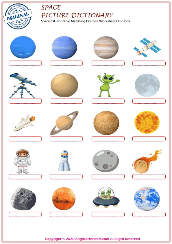 Space ESL Printable Matching Exercise Worksheets For Kids Worksheet Preview