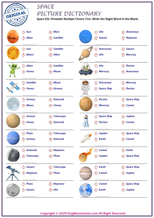 Space ESL Printable Multiple Choice Test. Write the Right Word in the Blank. Worksheet Preview