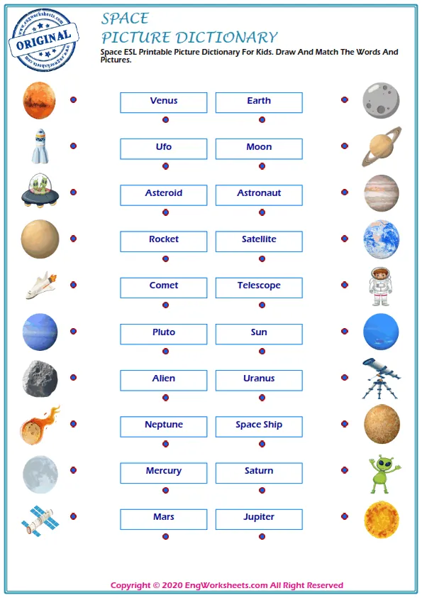 Space ESL Printable Picture Dictionary For Kids. Draw And Match The Words And Pictures. Worksheet Preview