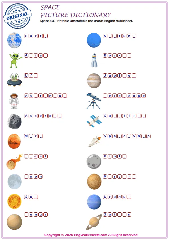 Space ESL Printable Unscramble the Words English Worksheet. Worksheet Preview