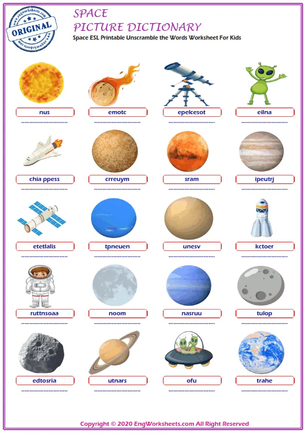 Space ESL Printable Unscramble the Words Worksheet For Kids Worksheet Preview