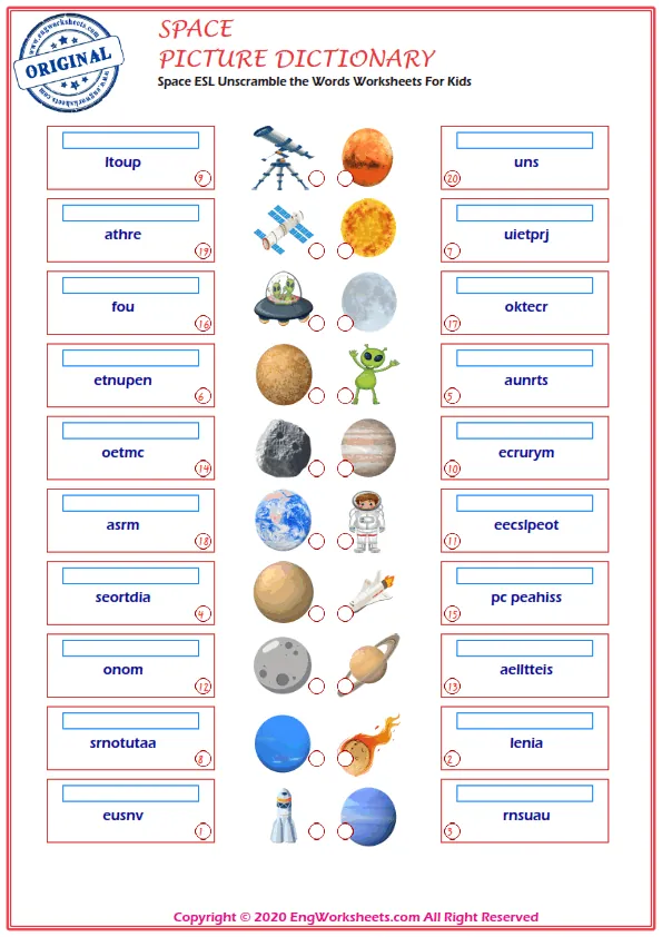 Space ESL Unscramble the Words Worksheets For Kids Worksheet Preview