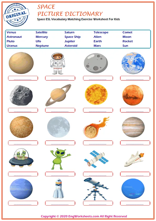 Space ESL Vocabulary Matching Exercise Worksheet For Kids Worksheet Preview