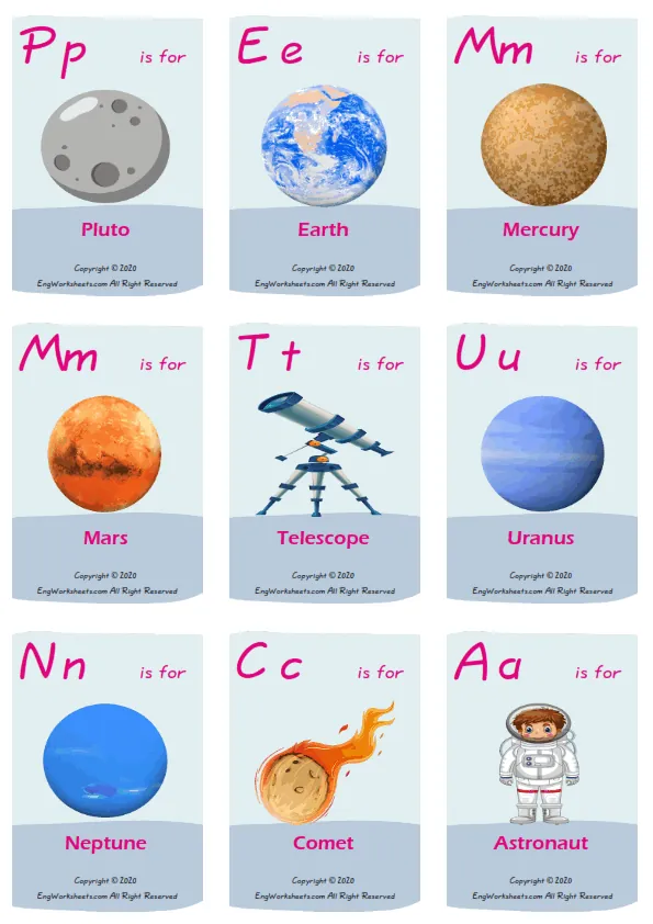 Space vocabulary worksheet with words, nine images per page Worksheet Preview
