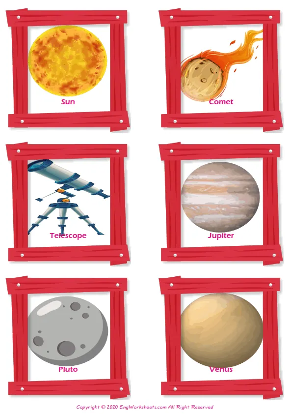 Space vocabulary worksheet with words, six images per page Worksheet Preview