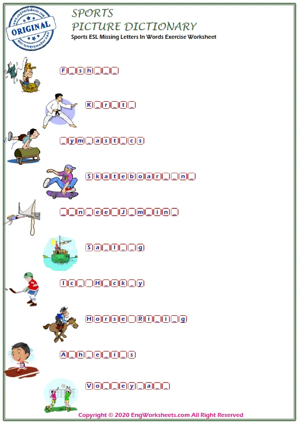 Sports ESL Missing Letters In Words Exercise Worksheet Worksheet Preview