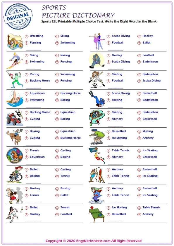 Sports ESL Printable Multiple Choice Test. Write the Right Word in the Blank. Worksheet Preview