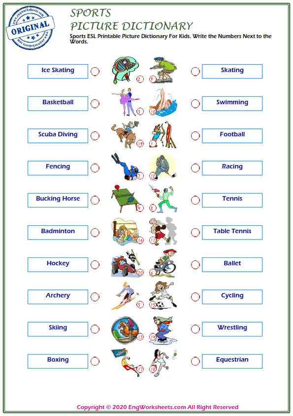 Sports ESL Printable Picture Dictionary For Kids. Write the Numbers Next to the Words. Worksheet Preview