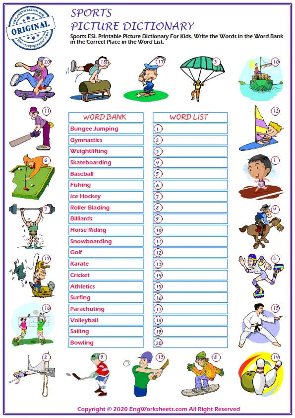 Sports ESL Printable Picture Dictionary For Kids. Write the Words in the Word Bank in the Correct Place in the Word List. Worksheet Preview