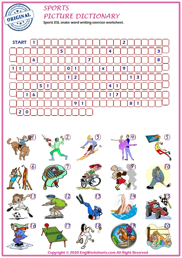 Sports ESL snake word writing exercise worksheet. Worksheet Preview