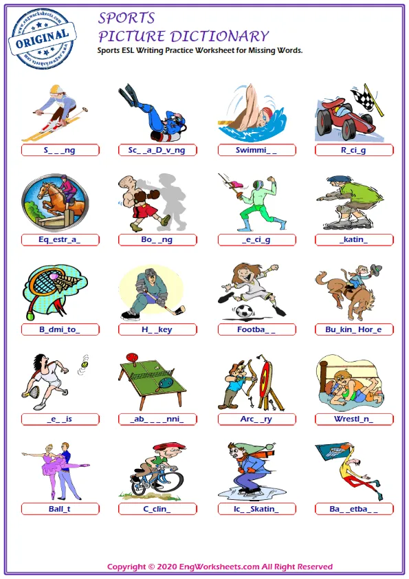 Sports ESL Writing Practice Worksheet for Missing Words. Worksheet Preview