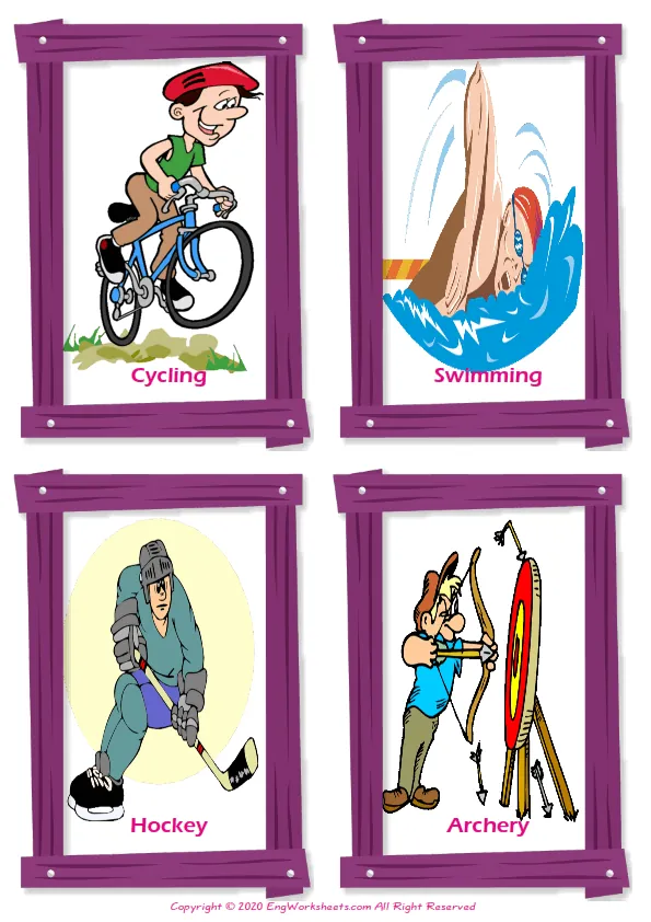 Sports vocabulary worksheet with words, four images per page Worksheet Preview